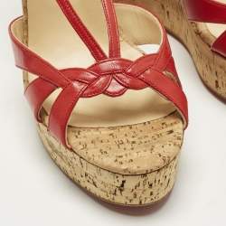Pre Owned Christian Louboutin Size 40 Red Leather Strappy Cork Wedge Sandals