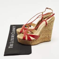 Pre Owned Christian Louboutin Size 40 Red Leather Strappy Cork Wedge Sandals