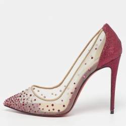 Pre Owned Christian Louboutin Follies Strass Size 37 Pink Mesh and Metallic Fabric Pointed Toe Pumps