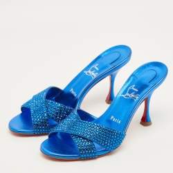Pre Owned Christian Louboutin Mariza Size 40 Blue Metallic Embossed Suede Strass Slide Sandals