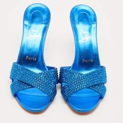 Pre Owned Christian Louboutin Mariza Size 40 Blue Metallic Embossed Suede Strass Slide Sandals