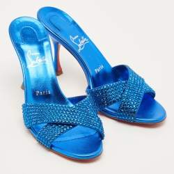 Pre Owned Christian Louboutin Mariza Size 40 Blue Metallic Embossed Suede Strass Slide Sandals