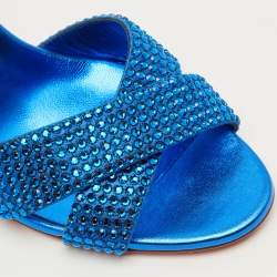Pre Owned Christian Louboutin Mariza Size 40 Blue Metallic Embossed Suede Strass Slide Sandals