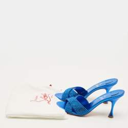 Pre Owned Christian Louboutin Mariza Size 40 Blue Metallic Embossed Suede Strass Slide Sandals