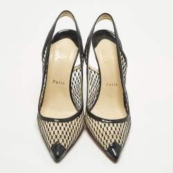 مملوكة مسبقًا Christian Louboutin Size 38.5 Black Patent Leather and Mesh Slingback Pumps