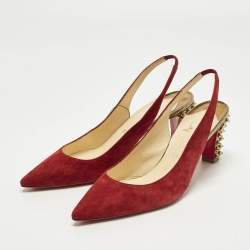 Pre Owned Christian Louboutin Spike Size 38.5 Red Suede Slingback Pumps