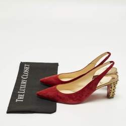 Pre Owned Christian Louboutin Spike Size 38.5 Red Suede Slingback Pumps