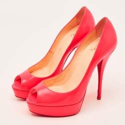 Pre Owned Christian Louboutin Lady Peep Size 37 Neon Pink Leather Platform Peep Toe Pumps