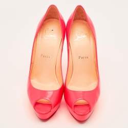 Pre Owned Christian Louboutin Lady Peep Size 37 Neon Pink Leather Platform Peep Toe Pumps