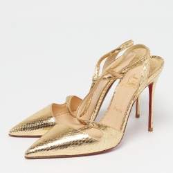 Pre Owned Christian Louboutin Size 40 Gold Python Embossed Leather Slingback Pumps