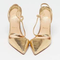 Pre Owned Christian Louboutin Size 40 Gold Python Embossed Leather Slingback Pumps