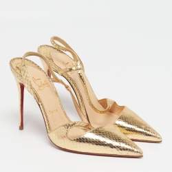 Pre Owned Christian Louboutin Size 40 Gold Python Embossed Leather Slingback Pumps