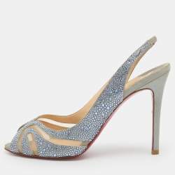 Pre Owned Christian Louboutin Alta Spina Strass Size 35.5 Grey/Blue Suede and Mesh Slingback Sandals 