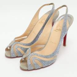 Pre Owned Christian Louboutin Alta Spina Strass Size 35.5 Grey/Blue Suede and Mesh Slingback Sandals 