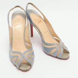 Pre Owned Christian Louboutin Alta Spina Strass Size 35.5 Grey/Blue Suede and Mesh Slingback Sandals 