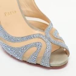 Pre Owned Christian Louboutin Alta Spina Strass Size 35.5 Grey/Blue Suede and Mesh Slingback Sandals 