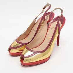 Pre Owned Christian Louboutin Size 38.5 Multicolor Patent Leather Peep Toe Slingback Pumps