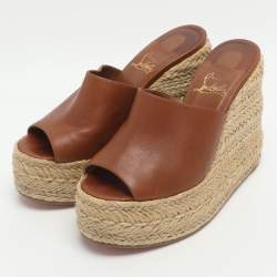 Pre Owned Christian Louboutin Ariella Zeppa Size 38 Brown Leather Wedge Espadrille Sandals