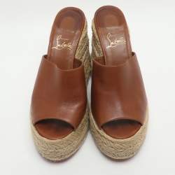 Pre Owned Christian Louboutin Ariella Zeppa Size 38 Brown Leather Wedge Espadrille Sandals