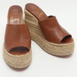 Pre Owned Christian Louboutin Ariella Zeppa Size 38 Brown Leather Wedge Espadrille Sandals