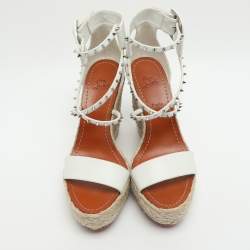 Pre Owned Christian Louboutin Chocazeppa Size 38 White Leather Wedge Sandals 