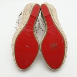 Pre Owned Christian Louboutin Chocazeppa Size 38 White Leather Wedge Sandals 