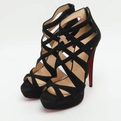 Pre Owned Christian Louboutin Fernando Size 38.5 Black Suede Cage Sandals
