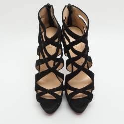 Pre Owned Christian Louboutin Fernando Size 38.5 Black Suede Cage Sandals