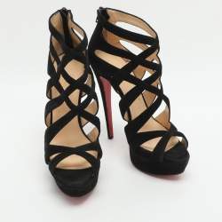 Pre Owned Christian Louboutin Fernando Size 38.5 Black Suede Cage Sandals
