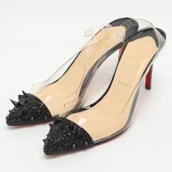 Pre Owned Christian Louboutin Spike Size 39 Black/Transparent Suede and PVC Slingback Pumps