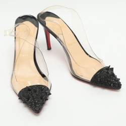 Pre Owned Christian Louboutin Spike Size 39 Black/Transparent Suede and PVC Slingback Pumps