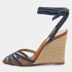 Pre Owned Christian Louboutin Size 39 Blue Fabric Wedge Espadrille Ankle Wrap Sandals