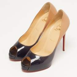 مملوكة مسبقًا حذاء كعب عالى كريستيان لوبوتان فيري بريفي جلد لامع بدرجتين بيج وأسود منصة مقدمة مفتوحة مقاس 39