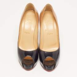 مملوكة مسبقًا حذاء كعب عالى كريستيان لوبوتان فيري بريفي جلد لامع بدرجتين بيج وأسود منصة مقدمة مفتوحة مقاس 39