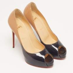 مملوكة مسبقًا حذاء كعب عالى كريستيان لوبوتان فيري بريفي جلد لامع بدرجتين بيج وأسود منصة مقدمة مفتوحة مقاس 39