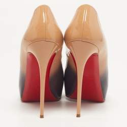 مملوكة مسبقًا حذاء كعب عالى كريستيان لوبوتان فيري بريفي جلد لامع بدرجتين بيج وأسود منصة مقدمة مفتوحة مقاس 39