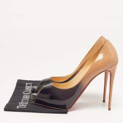 مملوكة مسبقًا حذاء كعب عالى كريستيان لوبوتان فيري بريفي جلد لامع بدرجتين بيج وأسود منصة مقدمة مفتوحة مقاس 39