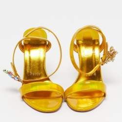 Pre Owned Christian Louboutin Goldie Jolie Size 37 Yellow Iridescent Leather Ankle Strap Sandals