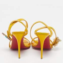 Pre Owned Christian Louboutin Goldie Jolie Size 37 Yellow Iridescent Leather Ankle Strap Sandals