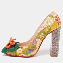 Pre Owned Christian Louboutin Dolly Dola Size 36.5 Multicolor Brocade Fabric Block Heel Pumps