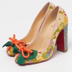 Pre Owned Christian Louboutin Dolly Dola Size 36.5 Multicolor Brocade Fabric Block Heel Pumps