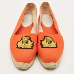 Pre Owned Christian Louboutin Gala Size 40 Orange Canvas Embroidered Crest Espadrille Flats