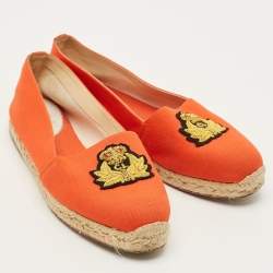 Pre Owned Christian Louboutin Gala Size 40 Orange Canvas Embroidered Crest Espadrille Flats