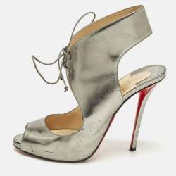 Pre Owned Christian Louboutin Size 40 Silver Leather Peep Toe Sandals