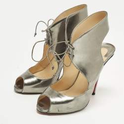 Pre Owned Christian Louboutin Size 40 Silver Leather Peep Toe Sandals
