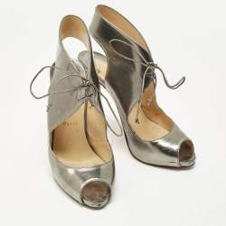 Pre Owned Christian Louboutin Size 40 Silver Leather Peep Toe Sandals