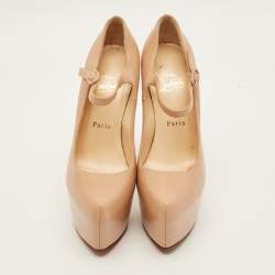 Pre Owned Christian Louboutin Lady Daf Size 37 Beige Leather Platform Mary Jane Pumps