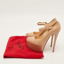 Pre Owned Christian Louboutin Lady Daf Size 37 Beige Leather Platform Mary Jane Pumps