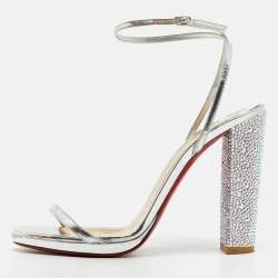 Pre Owned Christian Louboutin Size 39 Silver Leather Crystal Embellished Block Heel Ankle Strap Sandals