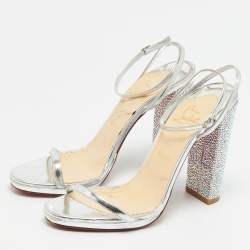 Pre Owned Christian Louboutin Size 39 Silver Leather Crystal Embellished Block Heel Ankle Strap Sandals
